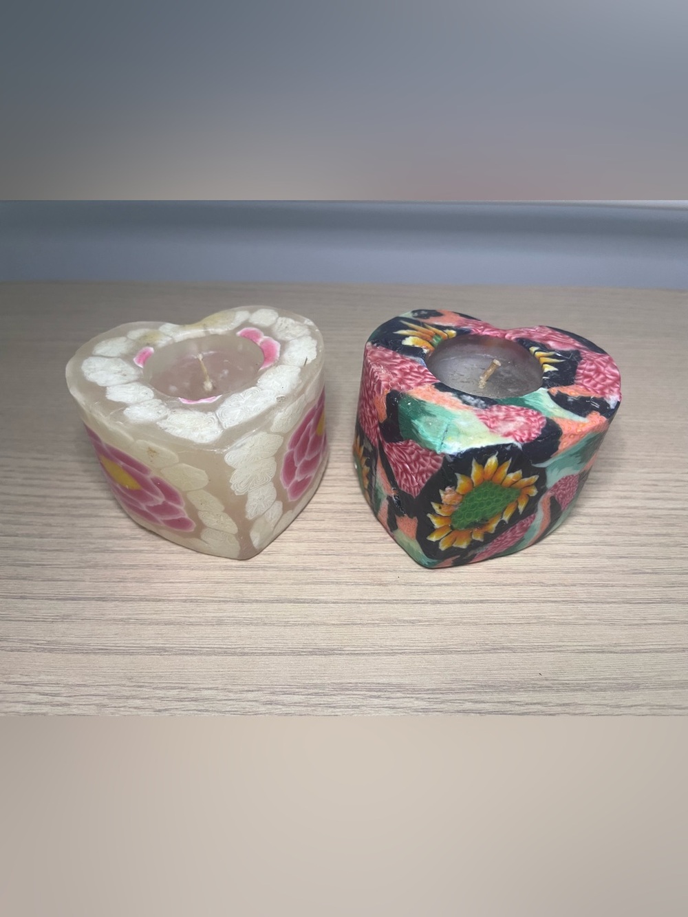 Lot of 2 Vintage Heart Shaped Floral Wax Decorative Candles